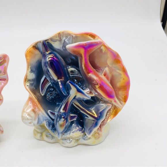 Vintage Pair Luster Dolphins Ceramic Iridescent Pearl Seashell Figurines - Picture 3 of 9
